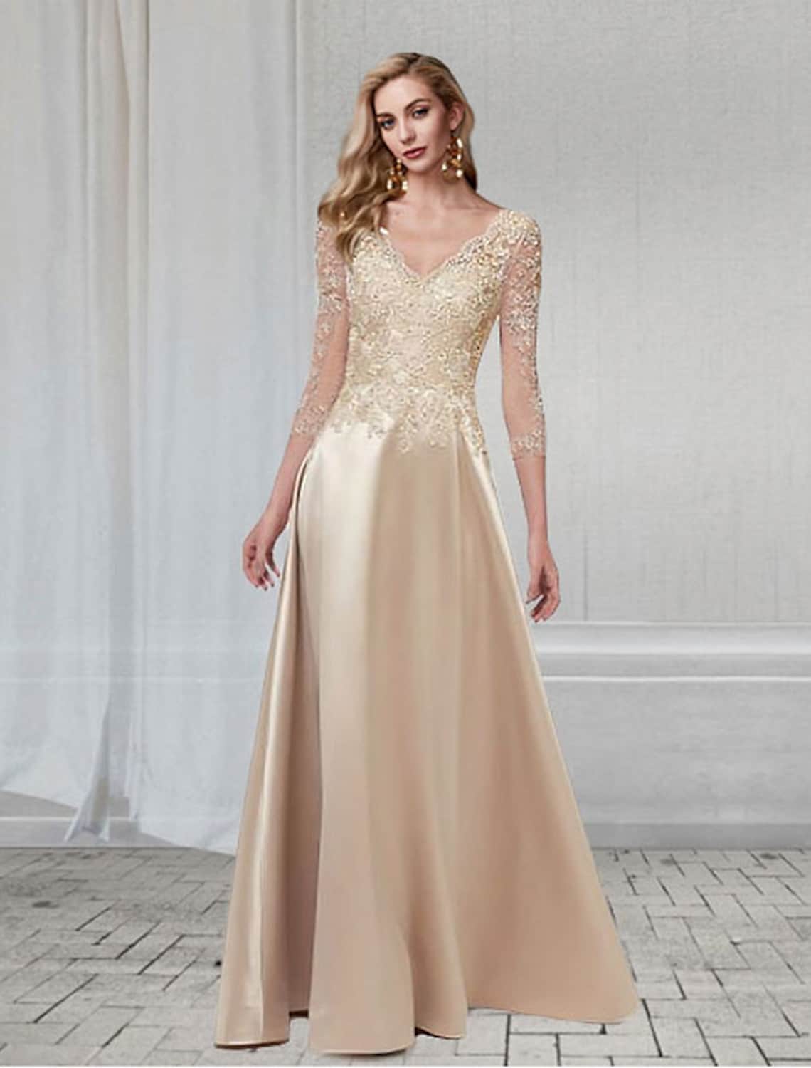 A-Line Elegant Wedding Guest Formal Evening Dress V Neck Length Sleeve Floor Length Chiffon with Appliques